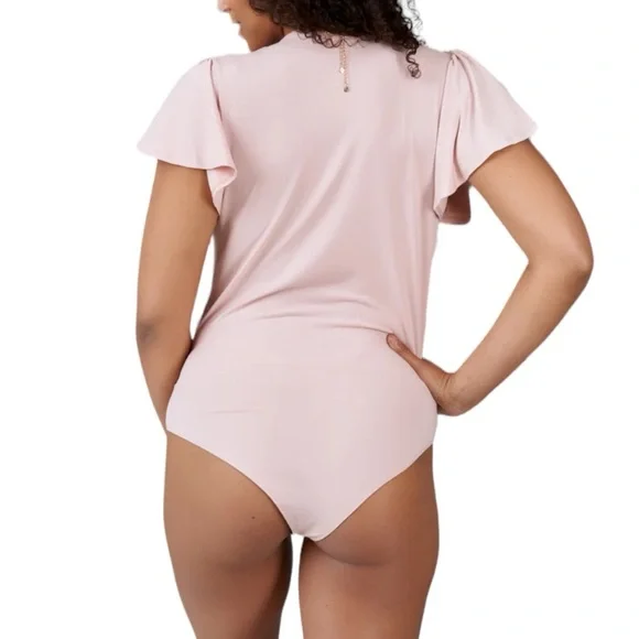 Haute Monde Ruffle Flutter Sleeve Mock Wrap Bodysuit Top Blush Pink Medium Sexy - Picture 5 of 16